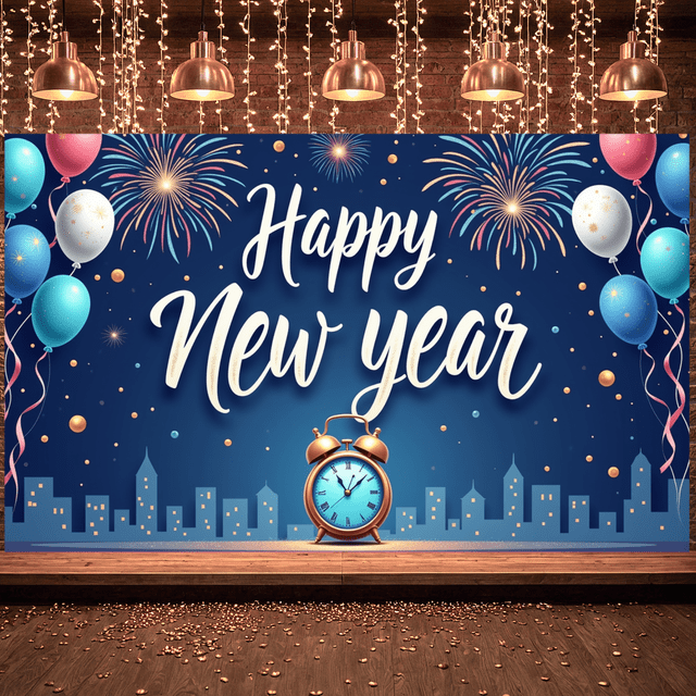 Decorative Design New Year Banner Colorful Theme Celebration Banner Balloon Decoration Fireworks Party Banner for New Year Party Festival Gathering Event