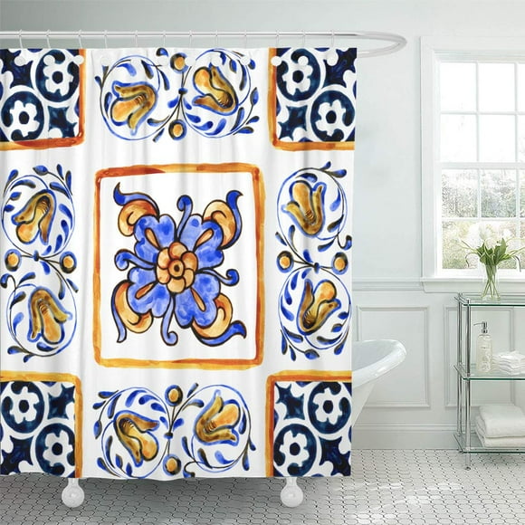 SUTTOM Italian Majolica Watercolor on Ceramic Tiles in Blue Brown Shower Curtain 66x72 inch