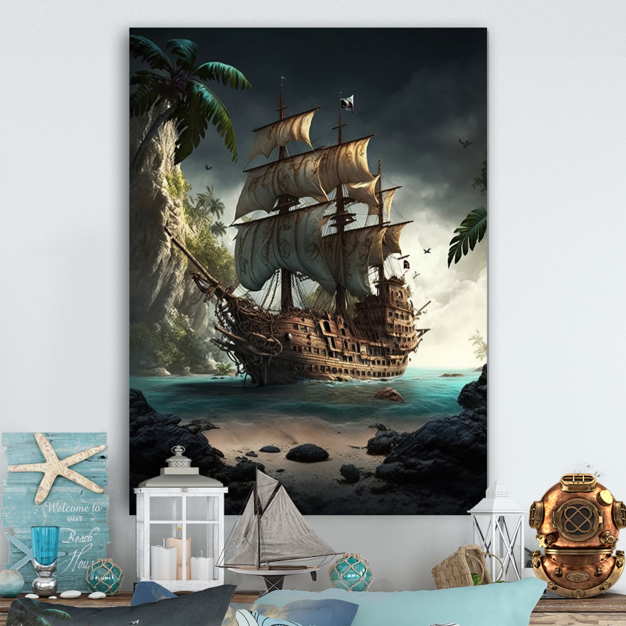 Designart Pirate Boat On The Ocean Canvas Wall Art