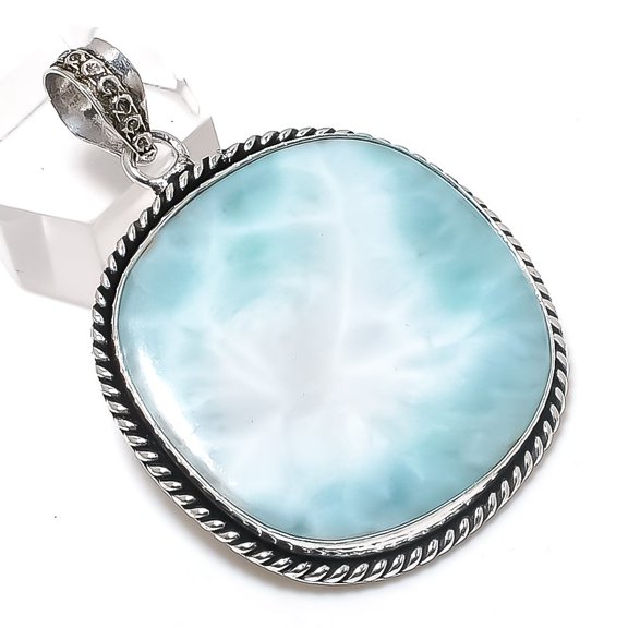 Natural Larimar Gemstone Handmade 925 Sterling Silver Jewelry Pendant 2.05"