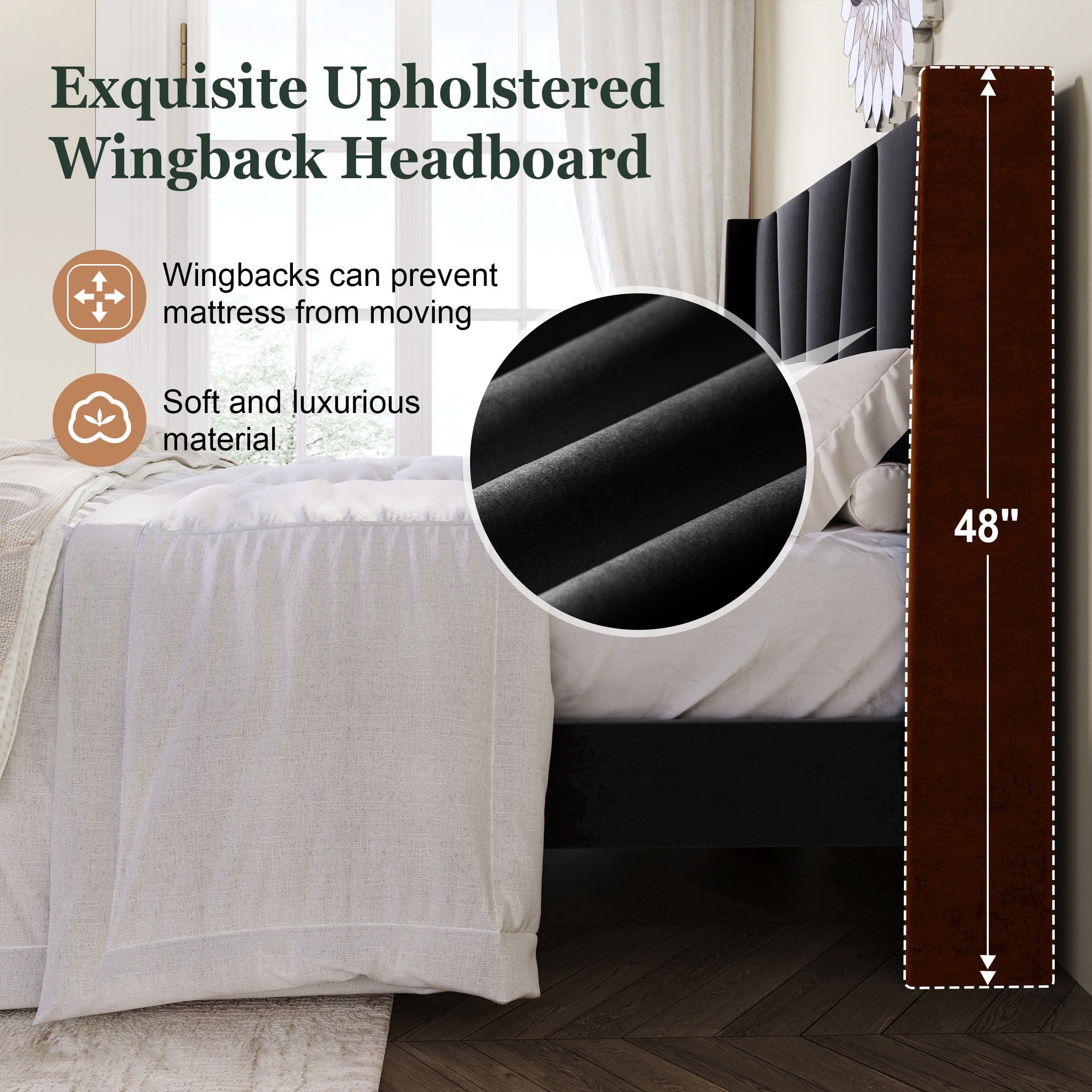 Amolife King Bed Frame, Upholstered Platform Bed with Wingback and Geometric Headboard, Black