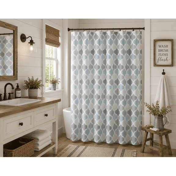 Serafina Home Fabric Shower Curtain for Men or Women: Earth Tones of Brown, Taupe, Slate Blue and Aqua (Brown, Turquoise, Beige, Taupe, Grey, White)