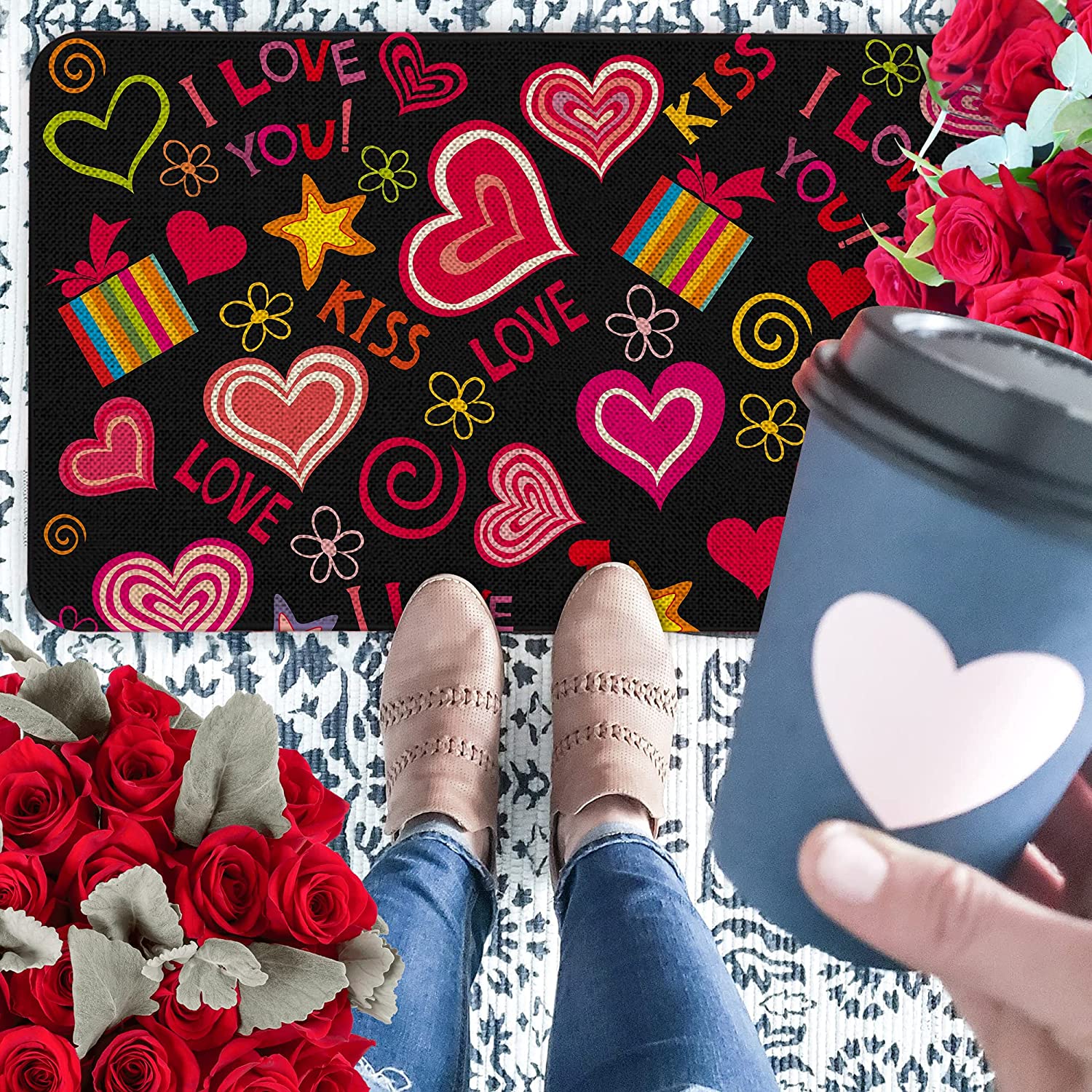 Roszwtit Valentines Day Door Mat 30 X 17 Inch Red Heart I Love You Doormat Indoor Outdoor Entrance Floor Mat Non Slip Valentine Decor Rubber Welcome Door Mats