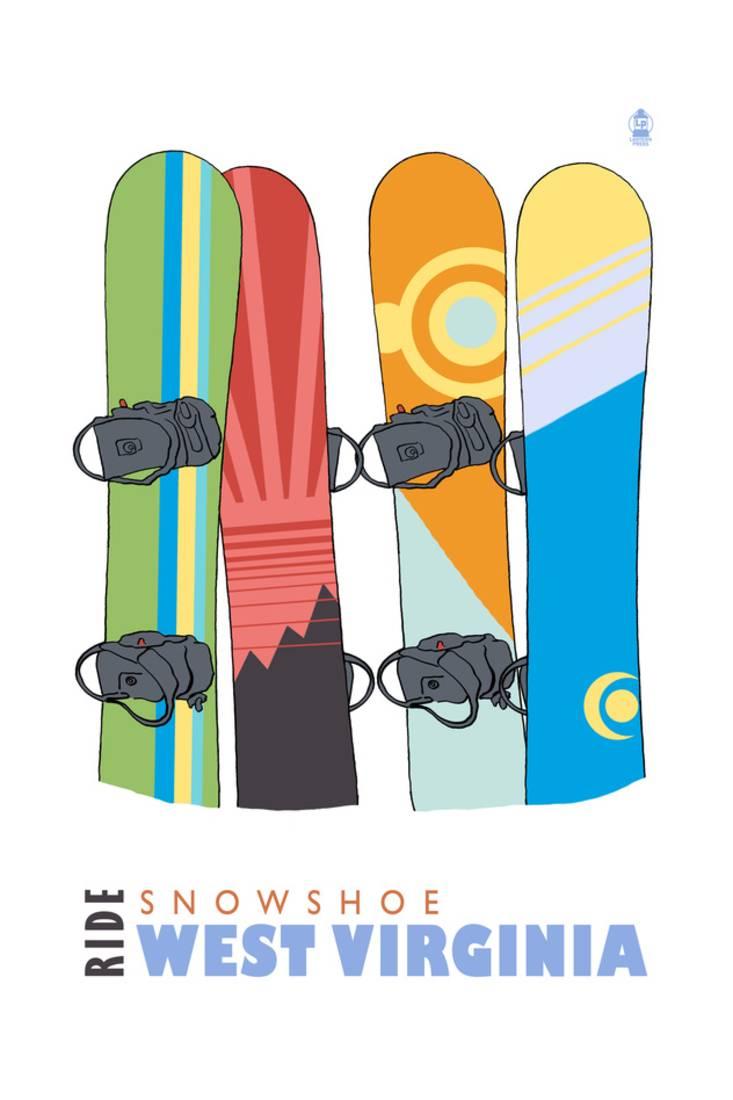 Snowshoe, West Virginia Snowboards in Snow Print By Lantern Press by Art.com