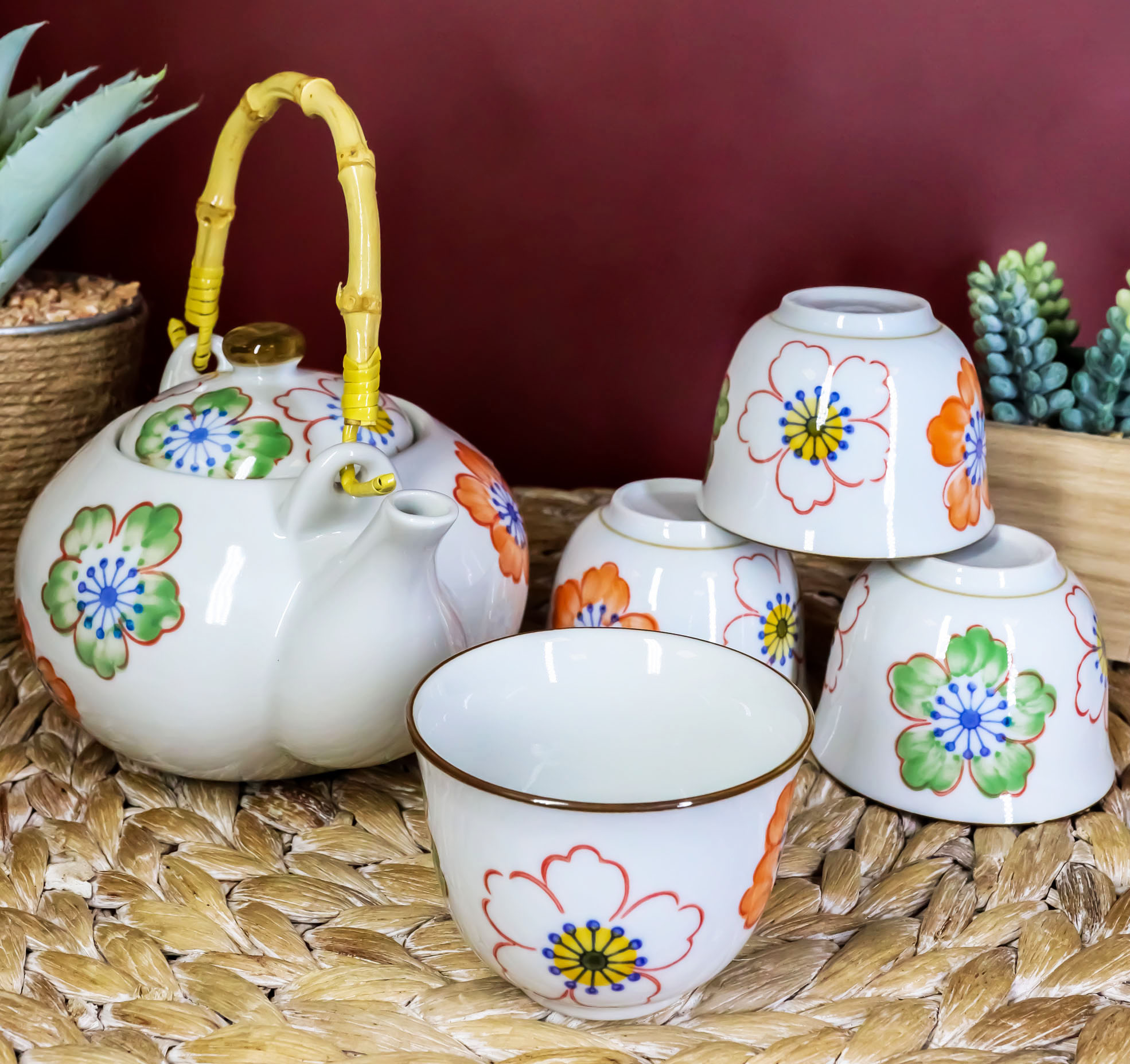 Japanese Design Colorful Botanic Floral Porcelain White Tea Pot And Cups Set - image 1 of 8