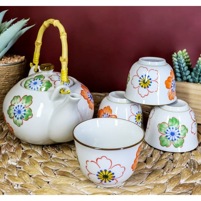 Japanese Design Colorful Botanic Floral Porcelain White Tea Pot And Cups Set