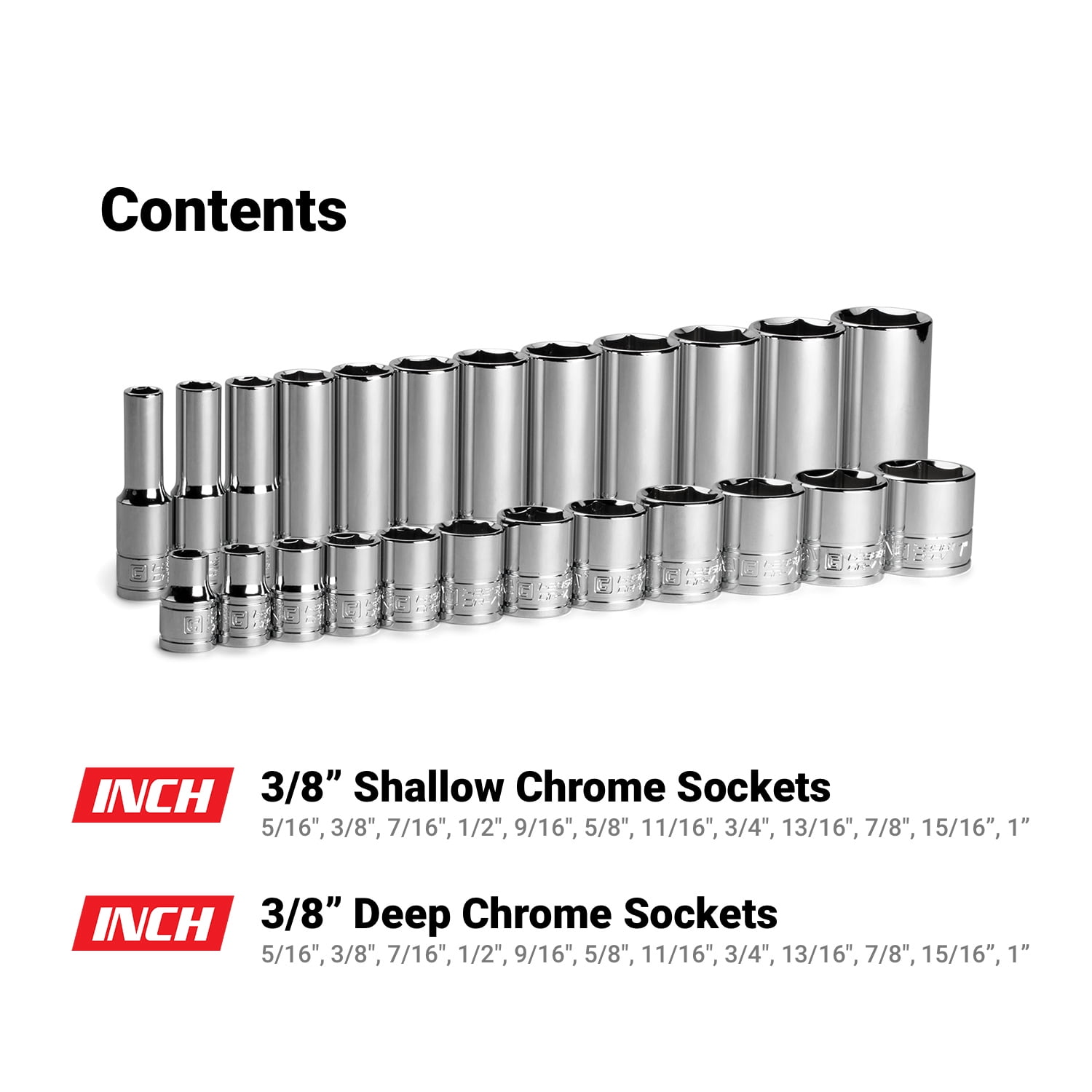 Capri Tools 3/8 in. Drive Shallow and Deep Chrome Socket Set, 6-Point, 5/16 to 1 in., 24-Piece