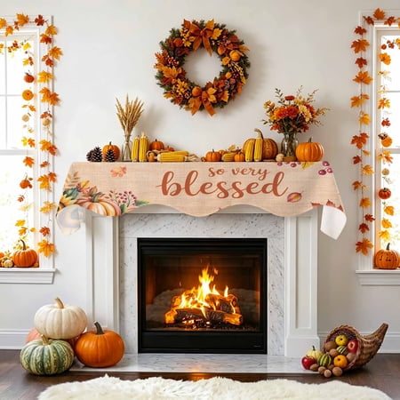 Fall Thanksgiving Fireplace Mantel Scarf Autumn Orange Pumpkin Sunflower Mantel Scarf Scarves Fireplace Top Runner Cover for Holiday Party Home Decorations 60x17in