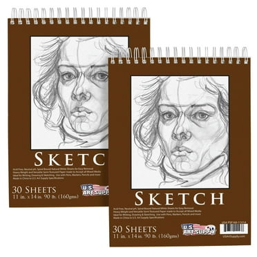 U.S. Art Supply 11" x 14" Heavy-Weight Paper Spiral Bound Sketch Pad, 90 Pound (160gsm), Pad of 30-Sheets (Pack of 2)