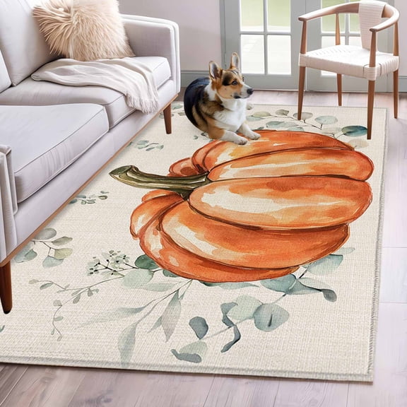 Thanksgiving Area Rugs 4'x6', Washable Small Throw Rugs for Office Bathroom, Fall Orange Pumpkin Eucalyptus Leaves Indoor Outdoor Rug Non-Slip Low Pile Carpet Runner Reversible Floor Mats