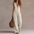 thumbnail image 2 of Women's Summer Cotton‑Linen Ruffle V‑Neck Sleeveless Wide‑Leg Jumpsuit Solid‑Color Casual One‑Piece Long Pants with Side Pockets Beige XL(XL), 2 of 7