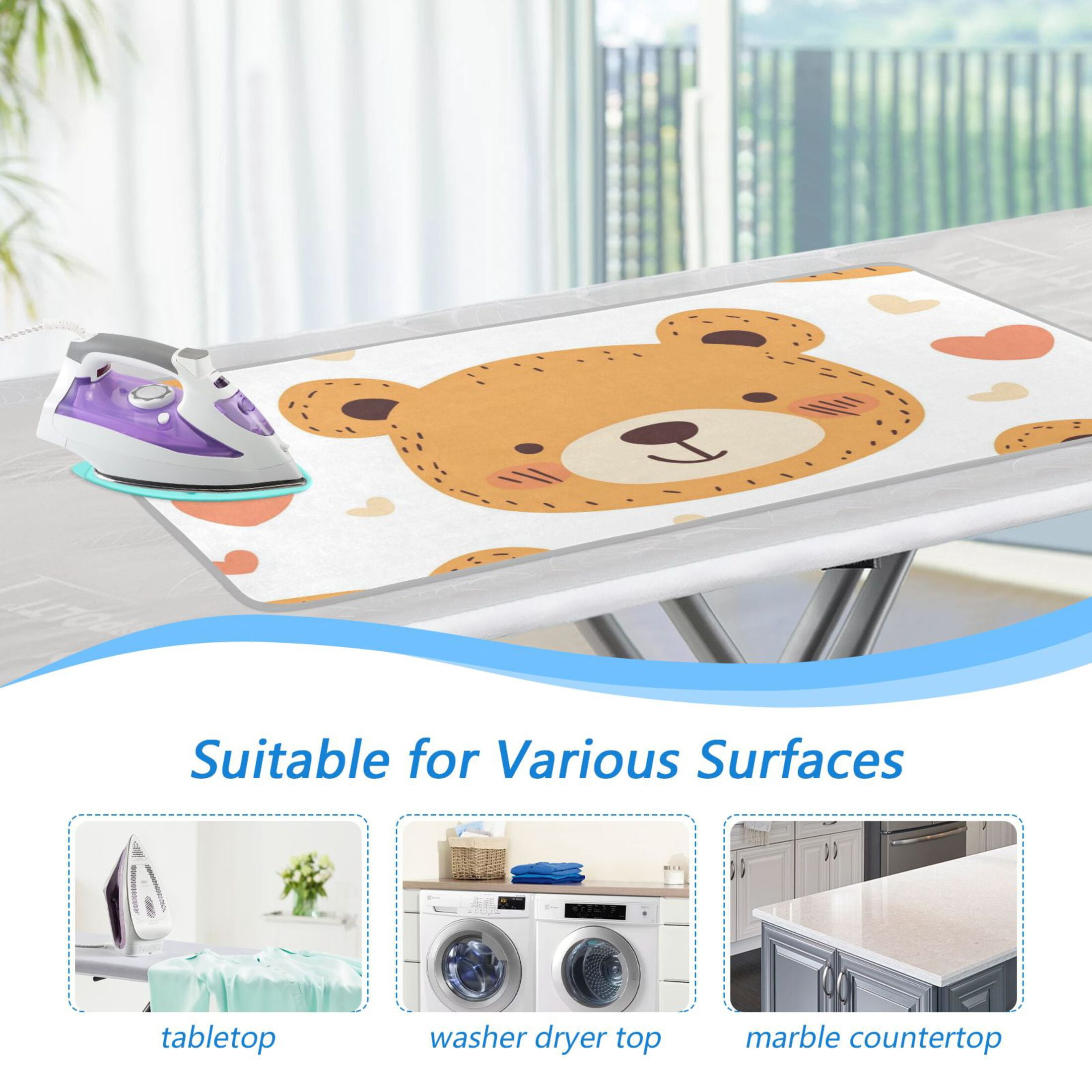 Cute Bear Faces Hearts Hand Drawn Ironing Mat Blanket Portable Travel Ironing Pad Heat Resistant Pad 47.2" x 27.6”