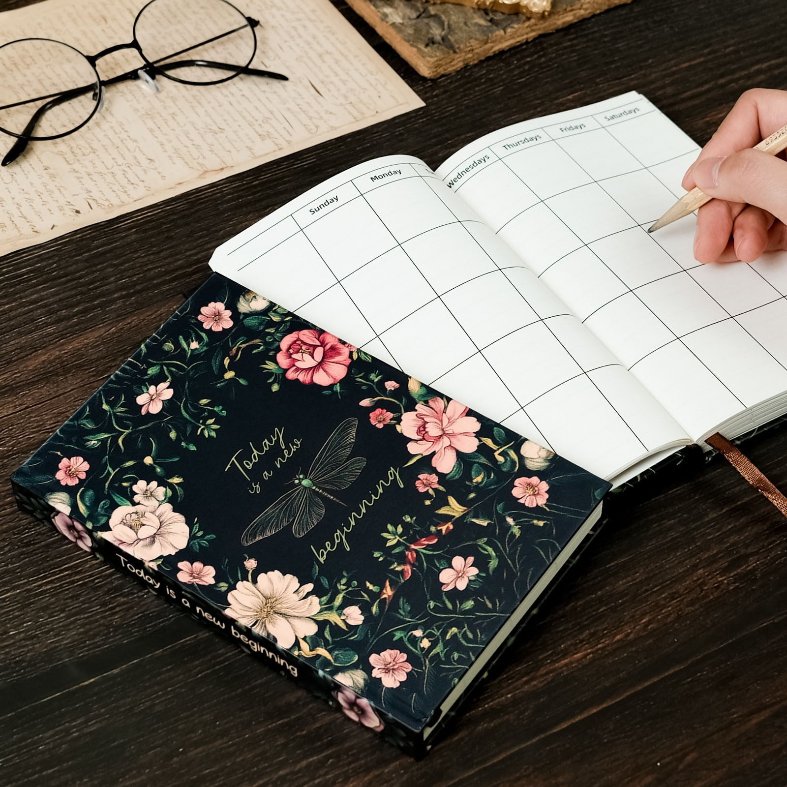 VKLU Hardcover Journal, Elegant Black Lily Rose Embossed Notebook, A5 Portable Size with Thick Ink-Proof Paper, Aesthetic Daily Diary
