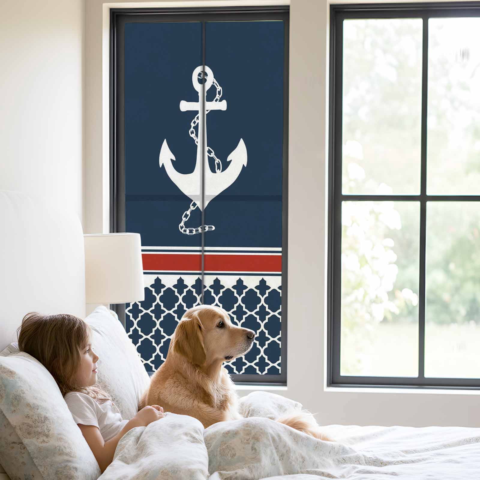 Nautical Anchorage Window Privacy Film, Nautical Anchor Red Stripe Plaid Navy Blue Frosted Glass Window Clings Static Cling UV Heat Blocking Reusable Door Sticker for Bathroom 23.6 x 59 Inch