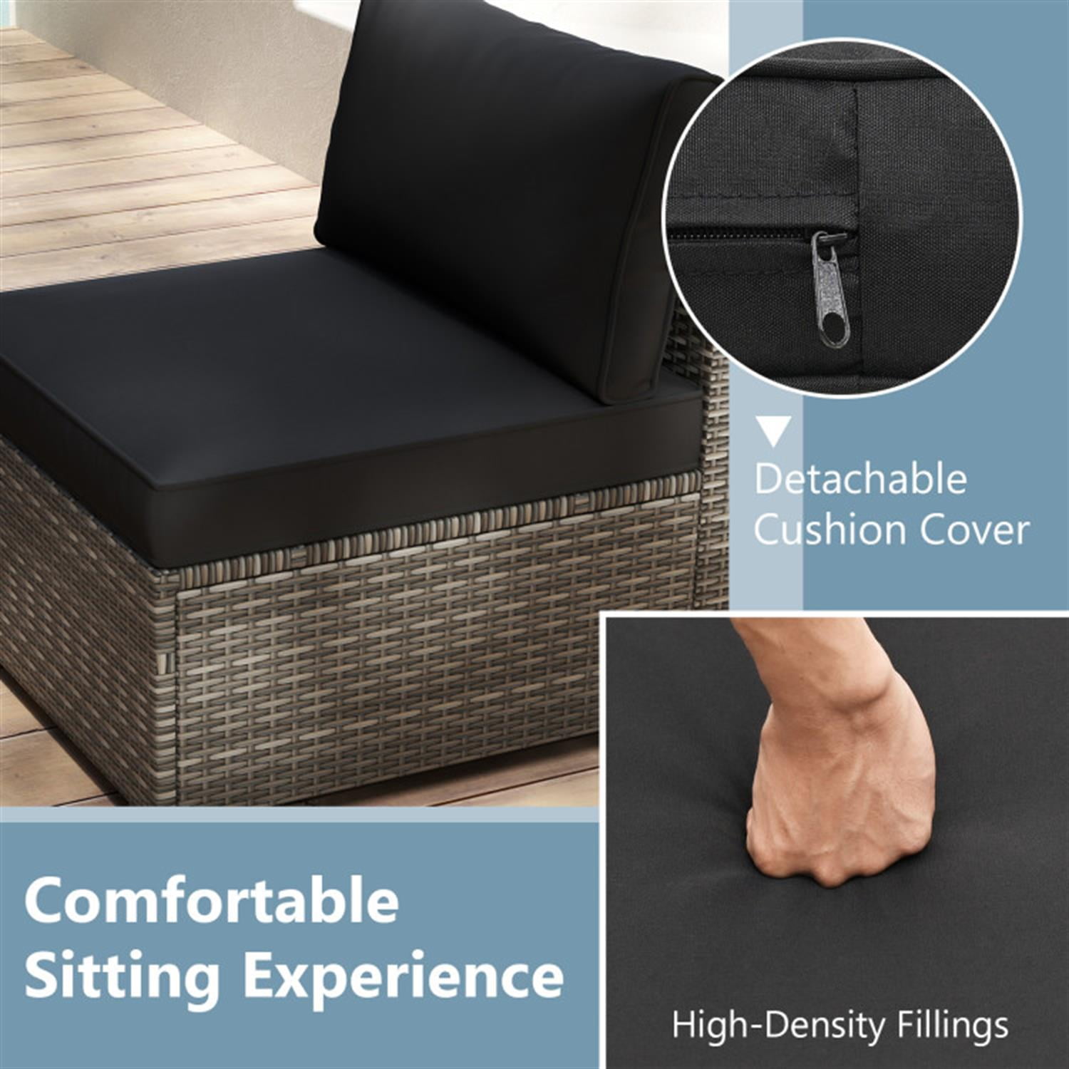 Demi Bonn 5-Piece Outdoor Patio Furniture Sets Sectional Sofa Couch and Glass Coffee Table with Cushions for Yard, Pool or Backyard, Black