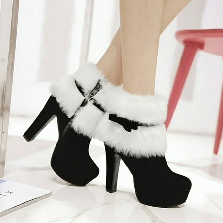 

Contrast Faux Fur High Heeled Side Zip Boots Platform Thick Sole Short Boots Women‘s Suede Boots