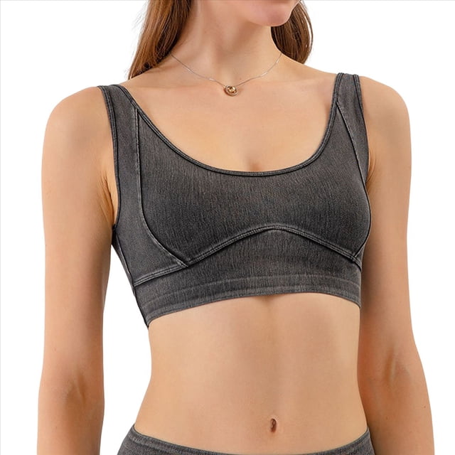 Chaleco Vaquero Ajustado y Corto para Mujer, Elástico, con Cuello Redondo, Tipo Jersey, Sujetador Deportivo, Camiseta Sin Mangas Gris Oscuro M