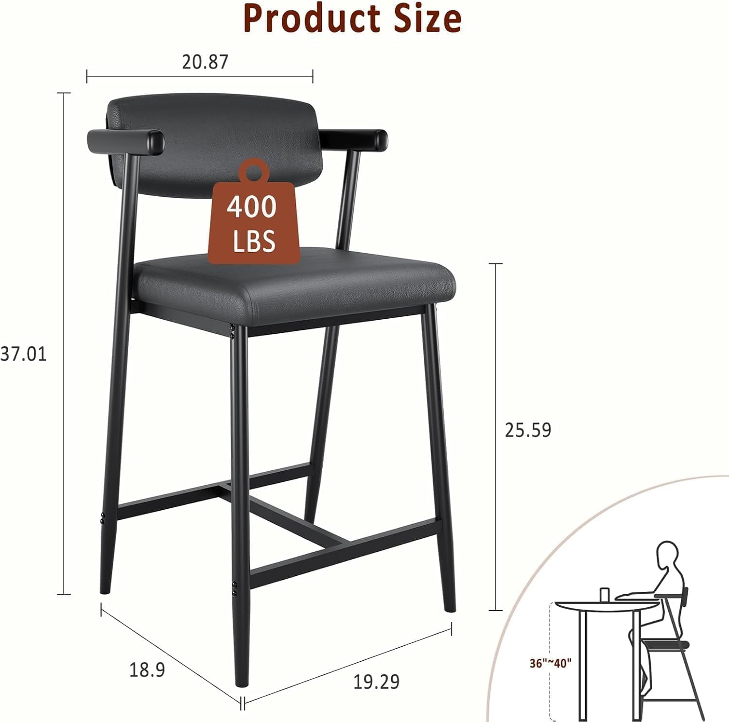 EastVita 26" Counter Height Bar Stools Set of 2 with Arms, Modern Upholstered Metal Bar Stools with Back & Wider Seat and Footrest for Kitchen Island