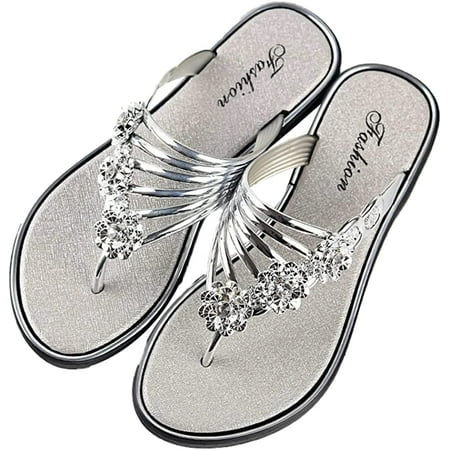 

CoCopeaunts Women\‘s Rhinestone Open Toe Slide Sandals Summer Beach Flip Flops Fashion Thong Sandals Shoes for Travel Walking