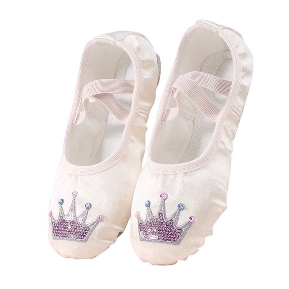 Xfvqtps Ballet Shoes for Girls Soft Sole Non Slip Cross Elastic Straps Glitter Rhinestone Crown Canvas Dance Shoes for Gymnastics Performance