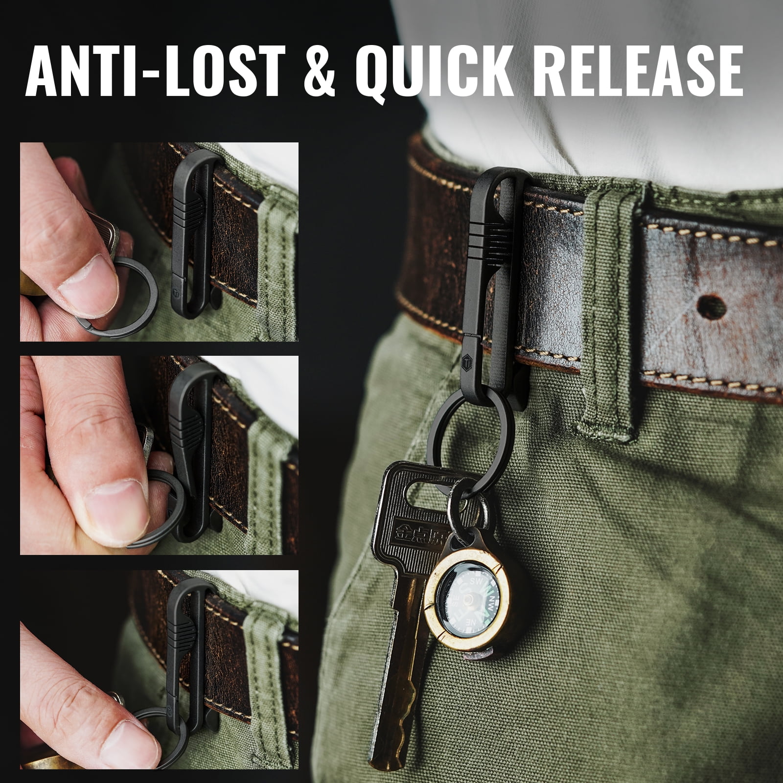 Key Unity KM03 Titanium Keychain Clip Belt Loop Key Holder with Removable Key Ring for Duty Belt (PVD Black)
