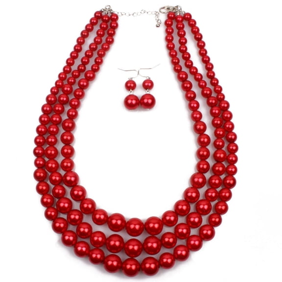Mictong imitation pearl fashionable women's bead collarbone multi-layer necklace, multi-layer imitation pearl necklace, red, 1 piece