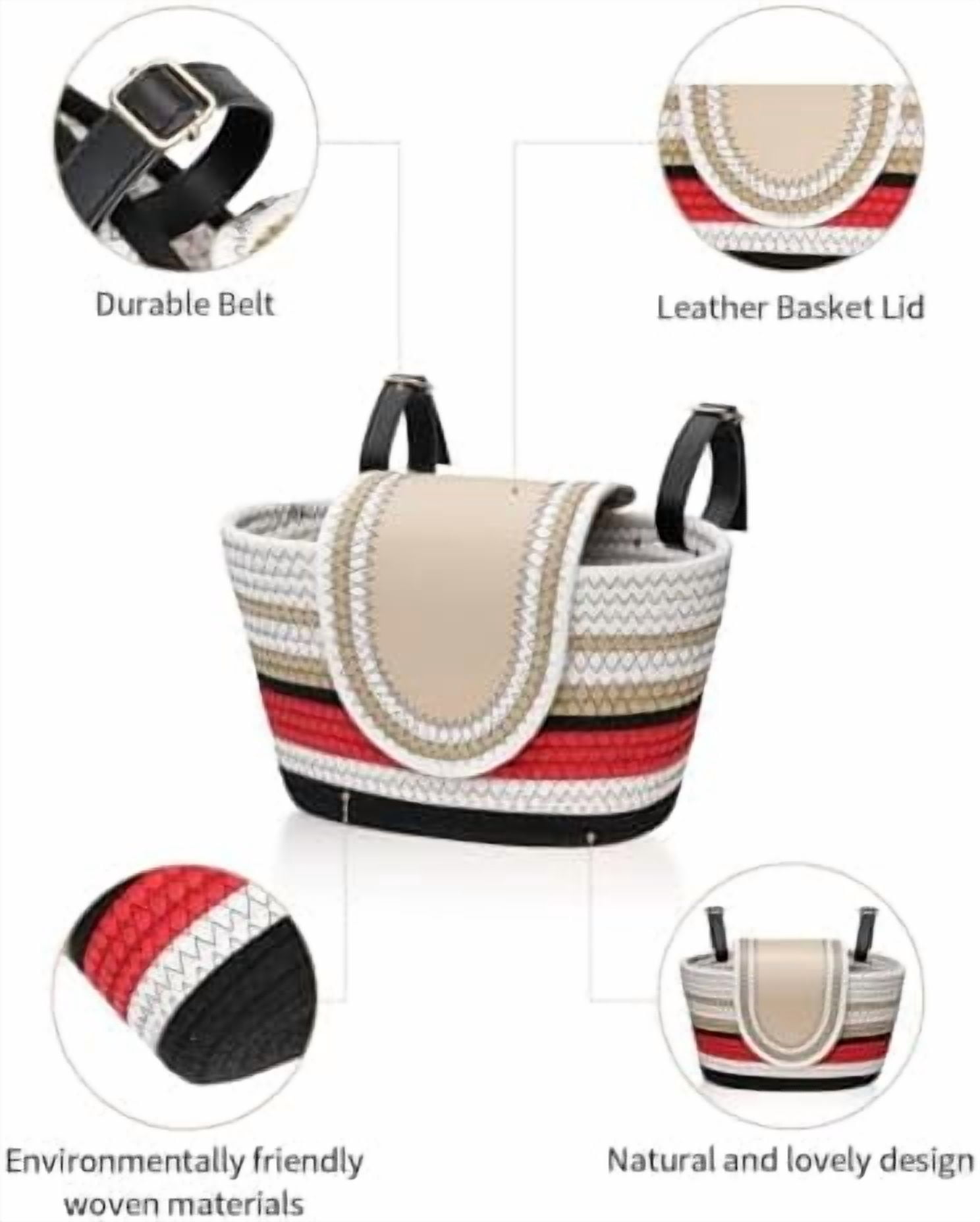 Handmade Bike Basket Front, Woven Bicycle Baskets for Adult Bikes, Rustic Detachable Handlebar Basket with Lid, Adjustable Leather Straps