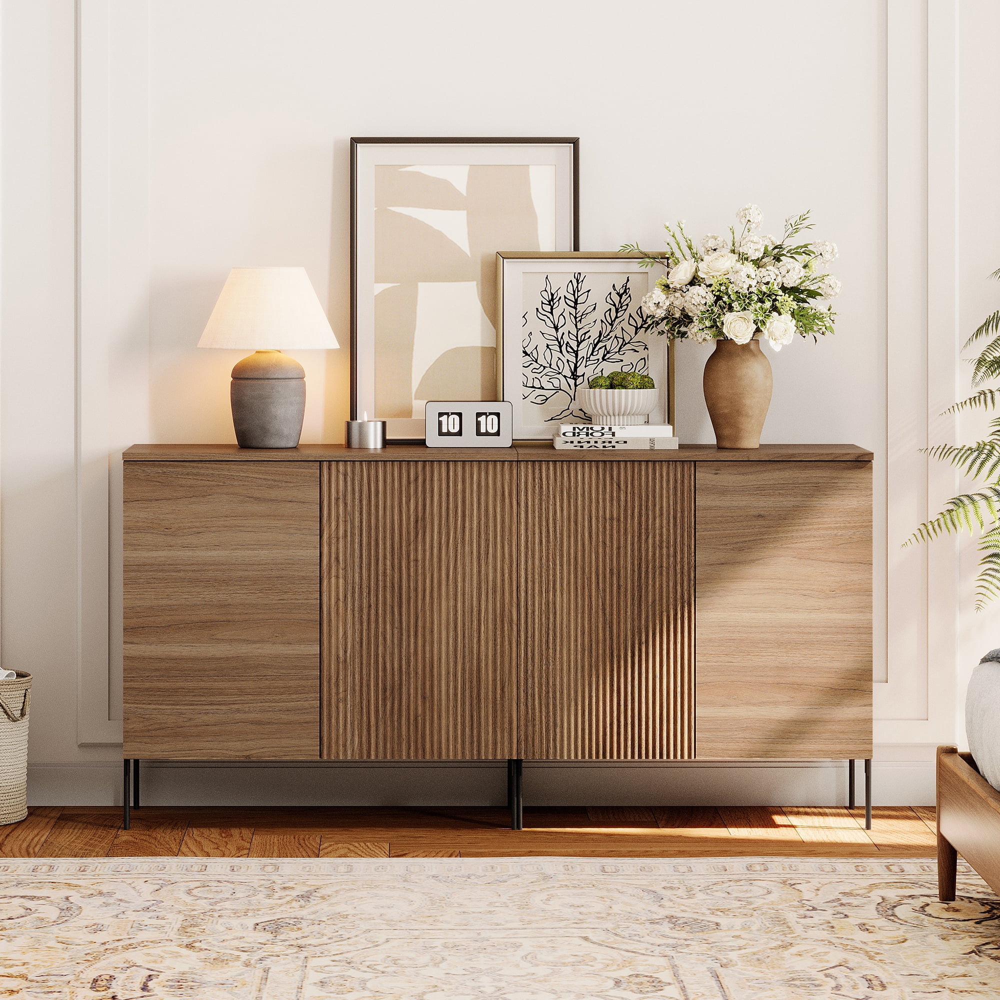 63" Modern Wood Reeded Dresser Set of 2 with Doors, Minimalist Dresser Organizer Storage Cabinet for Bedroom,Living room, Entryway