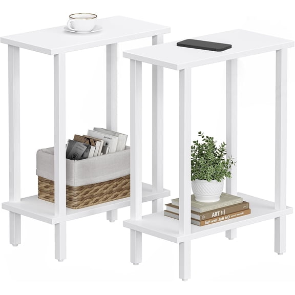 Narrow Side Table Set of 2, Small End Table for Couch | 2-Tier Skinny Sofa Table, Slim Nightstand, Easy Assembly for Living Room, Bedroom, White TB01BW0622