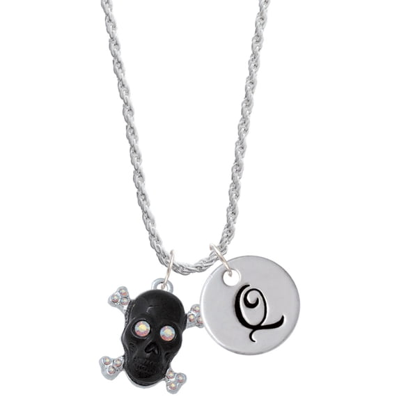 Delight Jewelry Silvertone Large Black Resin Skull with AB Crystals Silvertone Script Initial Disc - Q - Charm Necklace, 20"+3"