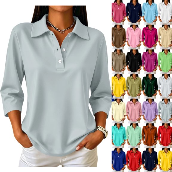 Garbnen 3/4 Sleeve Polo Shirts for Women Lapel Collar V Neck Golf Tops for Women Fitted Casual Breathable Work Fashion Women Blouses Beige XXXL
