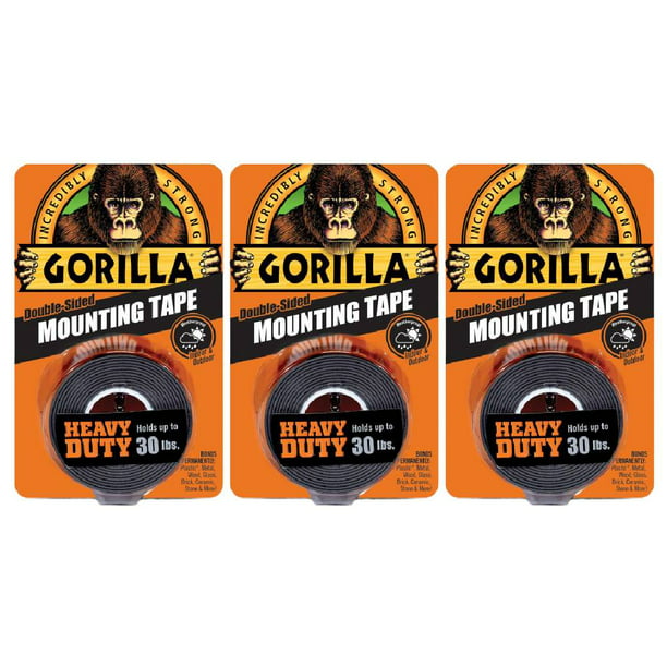 Gorilla Mounting Tape Heavy Duty Double Sided Adhesive Up to 30lb Indoor  Outdoor Permanent 1 x 60 In Black, 3-Pack