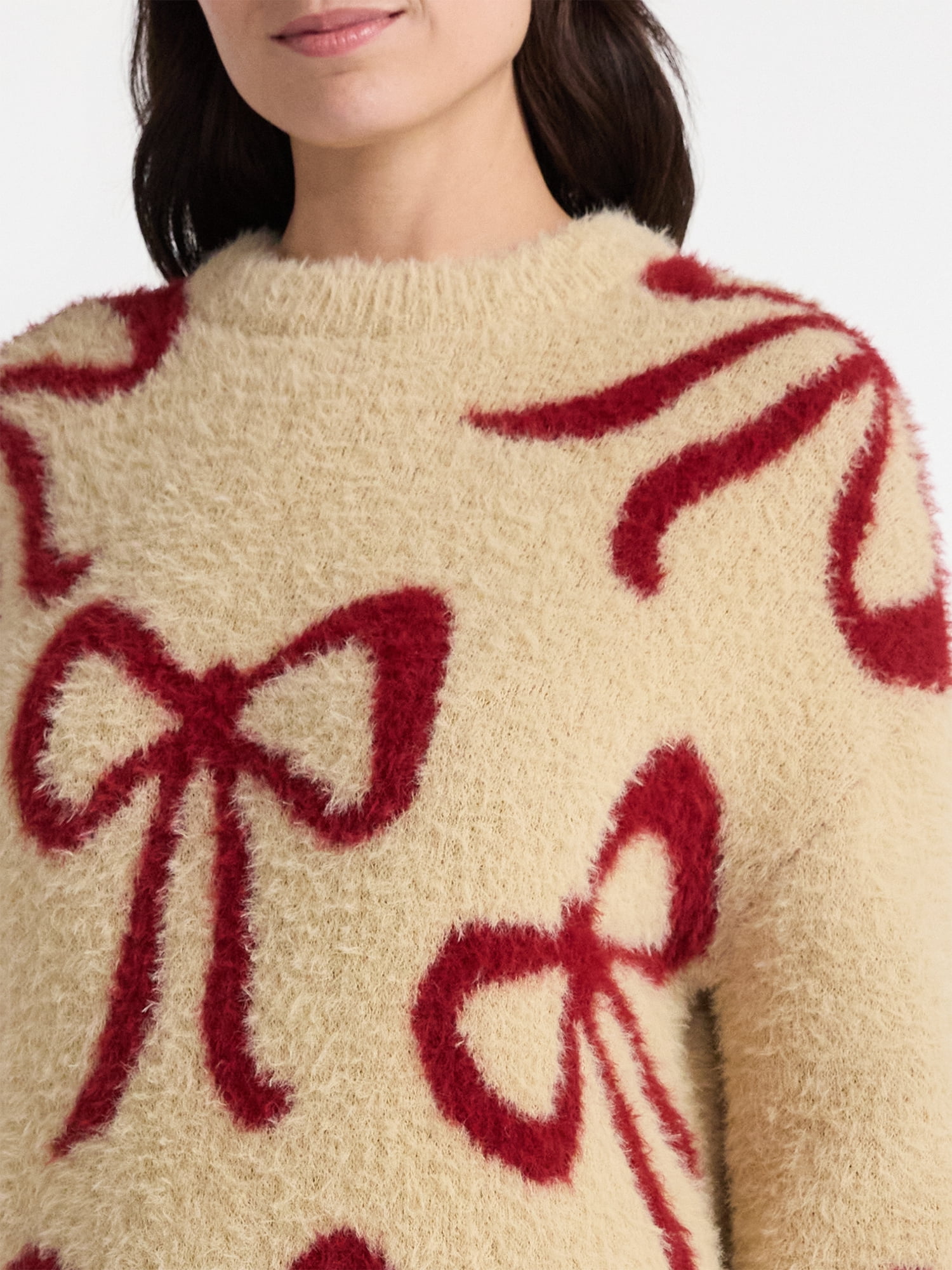 99 Jane Street Women's and Women's Plus Bow Print Pullover Sweater, Midweight, Sizes XS-4X