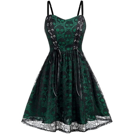 

Women s Sleeveless Punk Dress Camisole Skull Print Lace Swing Dress Halloween Spaghetti Strap Steampunk Dress Goth Clothes