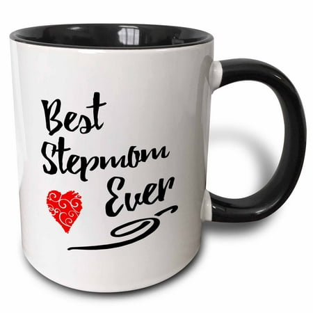 3dRose Best Stepmom Ever- Typographic design with red swirly heart - Two Tone Black Mug,