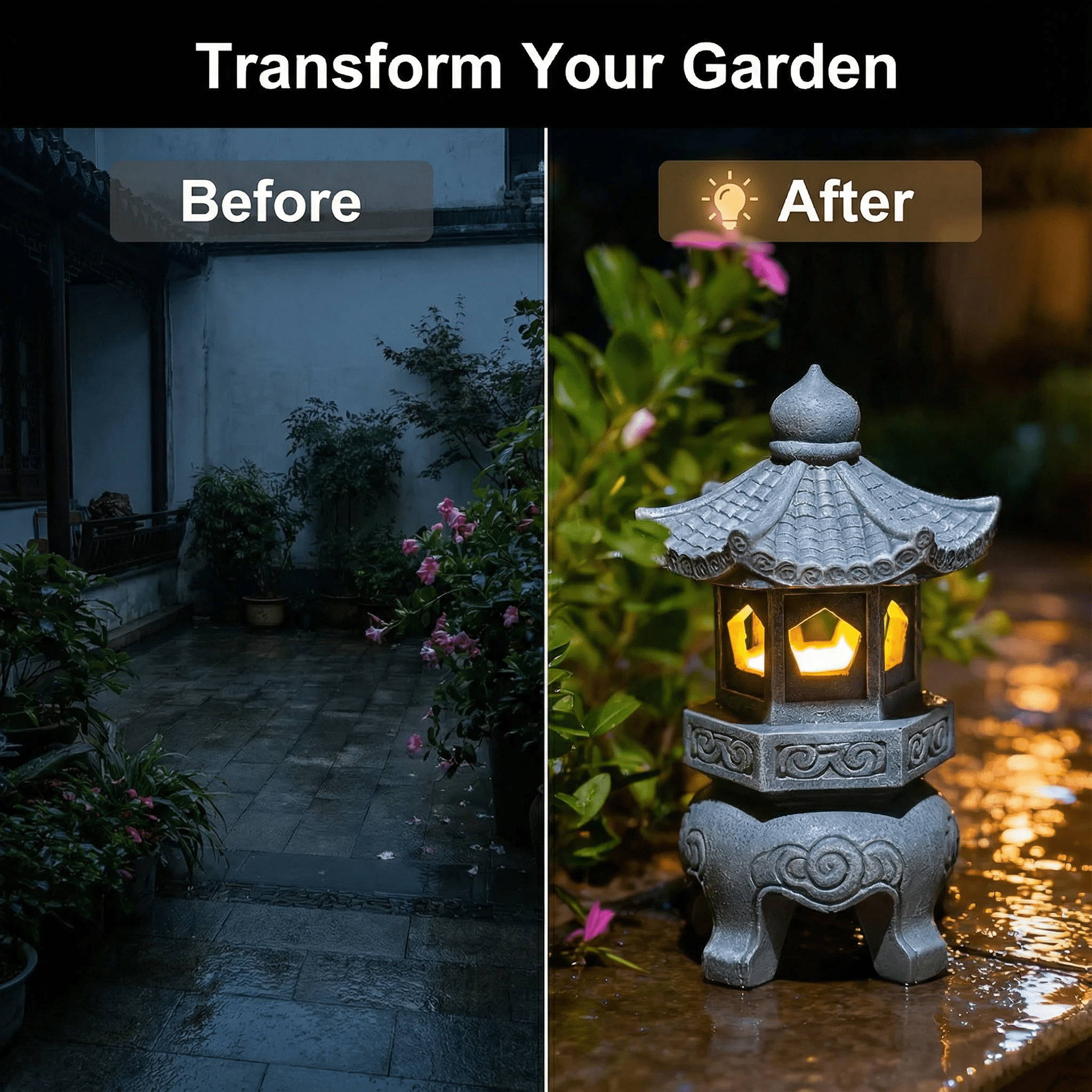 Lumiartisan Japanese Resin Lantern Garden Statue Zen Style - UV Resistant Lighted Roof Outdoor