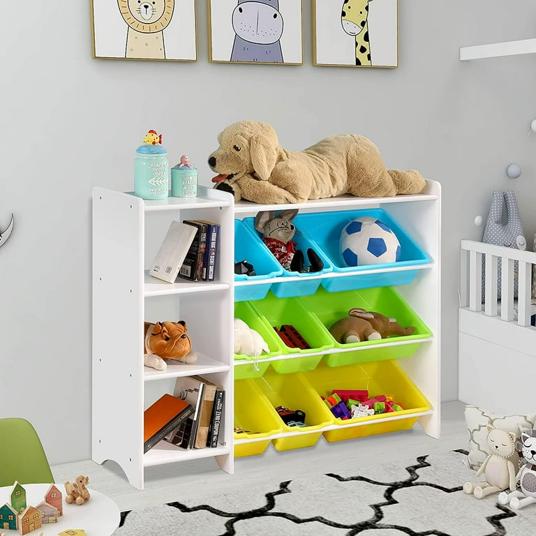 MallBest 4-Tier Kids' Toy Storage Organizer Shelf - 100% Solid Wood,Children's Storage Cabinet with 9 Plastic Bins and 1