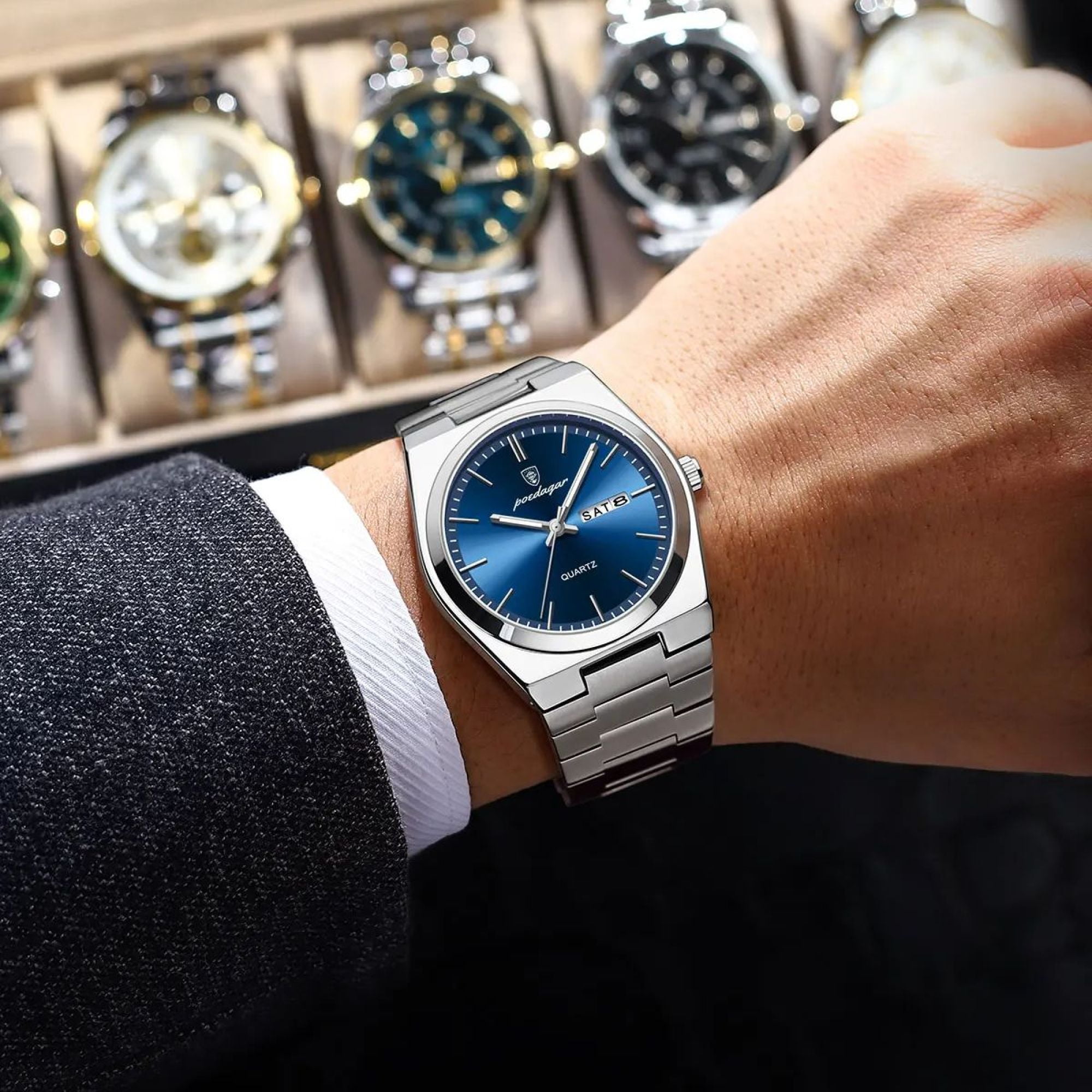 POEDAGAR Men Blue Quartz Stainless Steel Fashion Watch Analog Waterproof Luminous Date Wristwatch