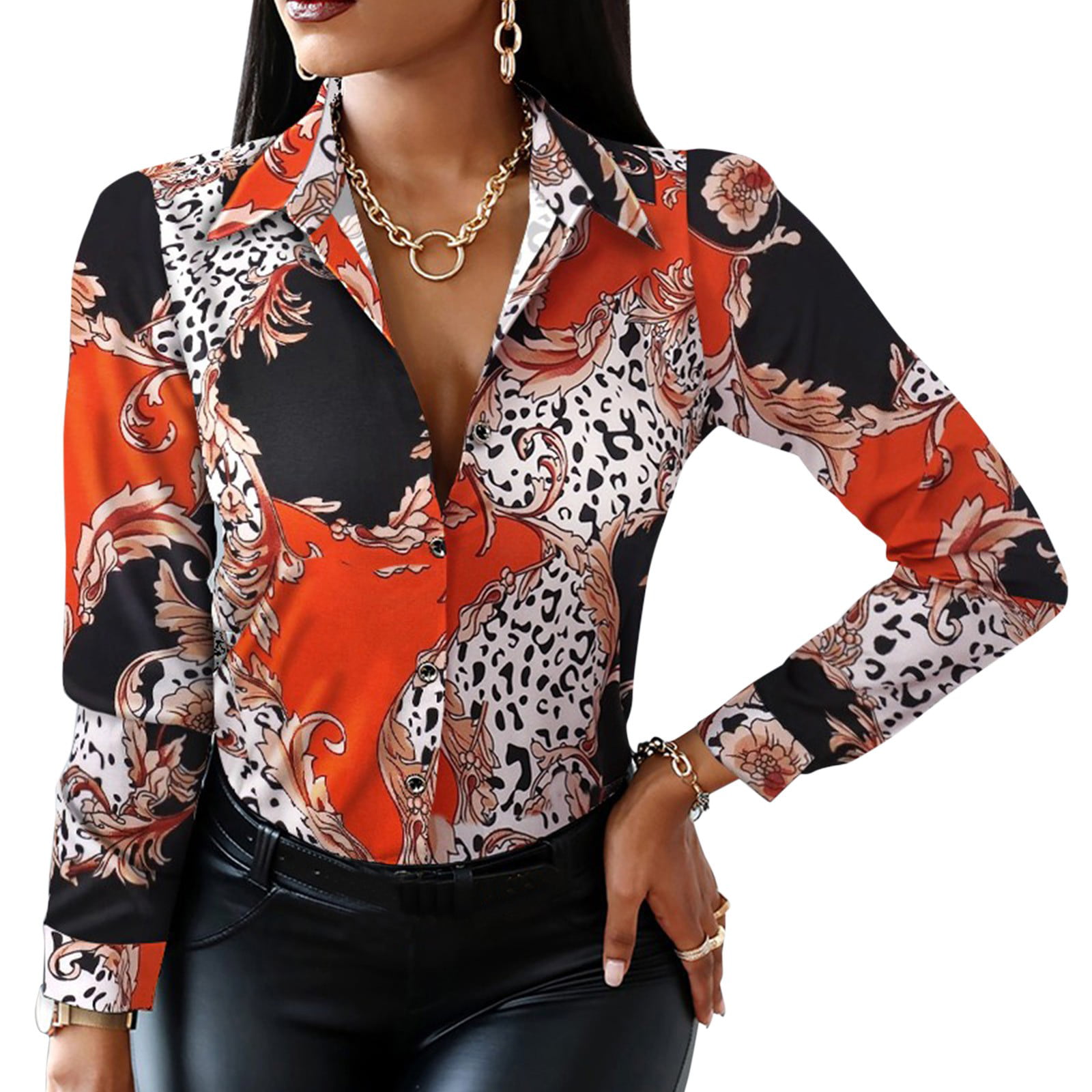 Womens Chain Print Long Sleeve T-Shirt Top Loose Button Down V Neck Blouse Tee
