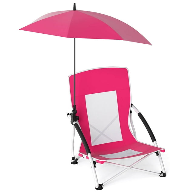 Costway 1 PCS Portable Beach Umbrella Chair with Hexagonal Parasol Comfy Armrest Breathable Seat Pink