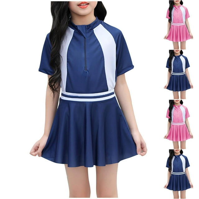 Jinhomg Maillots de Bain une Pièce pour Filles Légers et Confortables à Fermeture Éclair devant Robe de Bain Tendance à Blocs de Couleur Manches Courtes Maillot Dermoprotecteur Maillots de Bain Automne Économie 5 Ans Rose