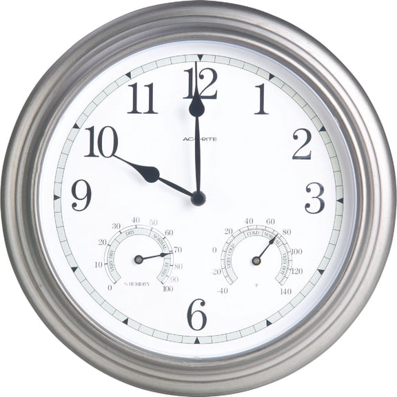 AcuRite 00920 14-Inch Pewter Indoor/Outdoor Wall Clock with Thermometer and Hygrometer — Residential Use, Standard Application