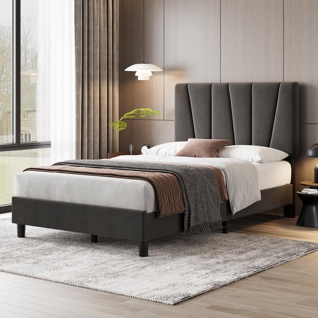 QinaQin Cadre de Lit avec Tête de Lit Réglable, Cadre de Lit Plateforme Double Moderne Rembourré en Lin, Lattes en Bois, Aucun Matelas à Ressorts Requis