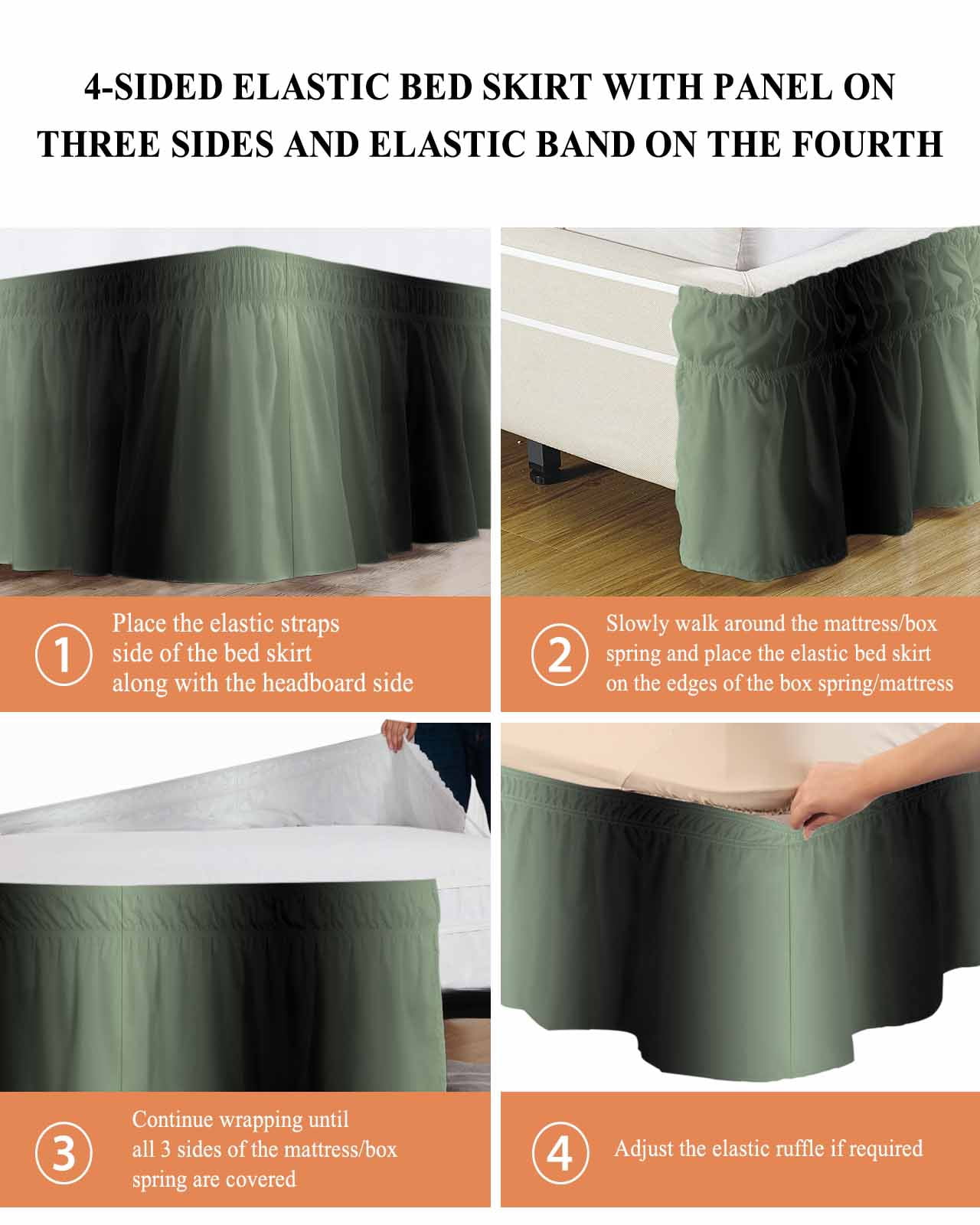 Sage Green Black Ombre Bed Skirt Cal King Size, Gradient Contemporary Abstract Art Wrap Around Bed Skirting with Adjustable Elastic Strap, Dust Ruffled Pleated Bedskirts 16 Inch Drop for Bedroom Beds