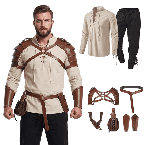 Alaiyaky Men's Renaissance Costume Halloween Medieval Pirate Outfit Set with Shirt Pant Viking Belt Bracers Scabbard Waist Bag Shoulder Armor