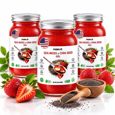 Halevit Wildcrafted Irish Sea Moss Gel | Sea Moss, Chia Seeds, Strawberry | 16 Oz | Made in USA | 48 oz | 3-Pack