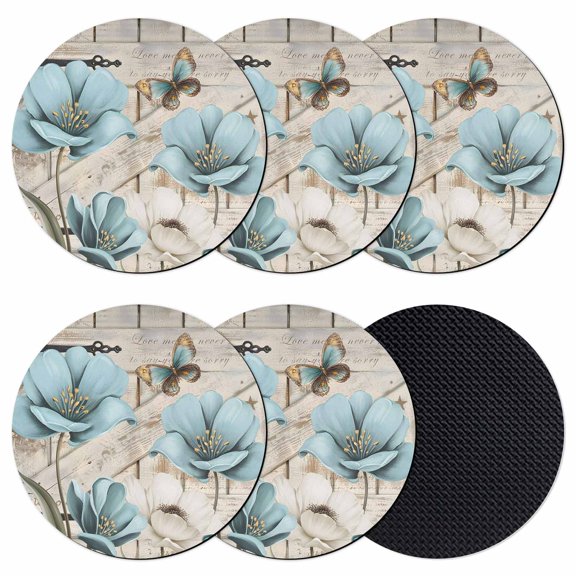 Teal Blue Tulips Coasters Set of 6, Absorbent Coasters for Drinks, Spring Floral Barn Doors Vintage Wood Beige Coaster for Desk Coffee Table Protection, Home Decor House Warming Gifts 4"
