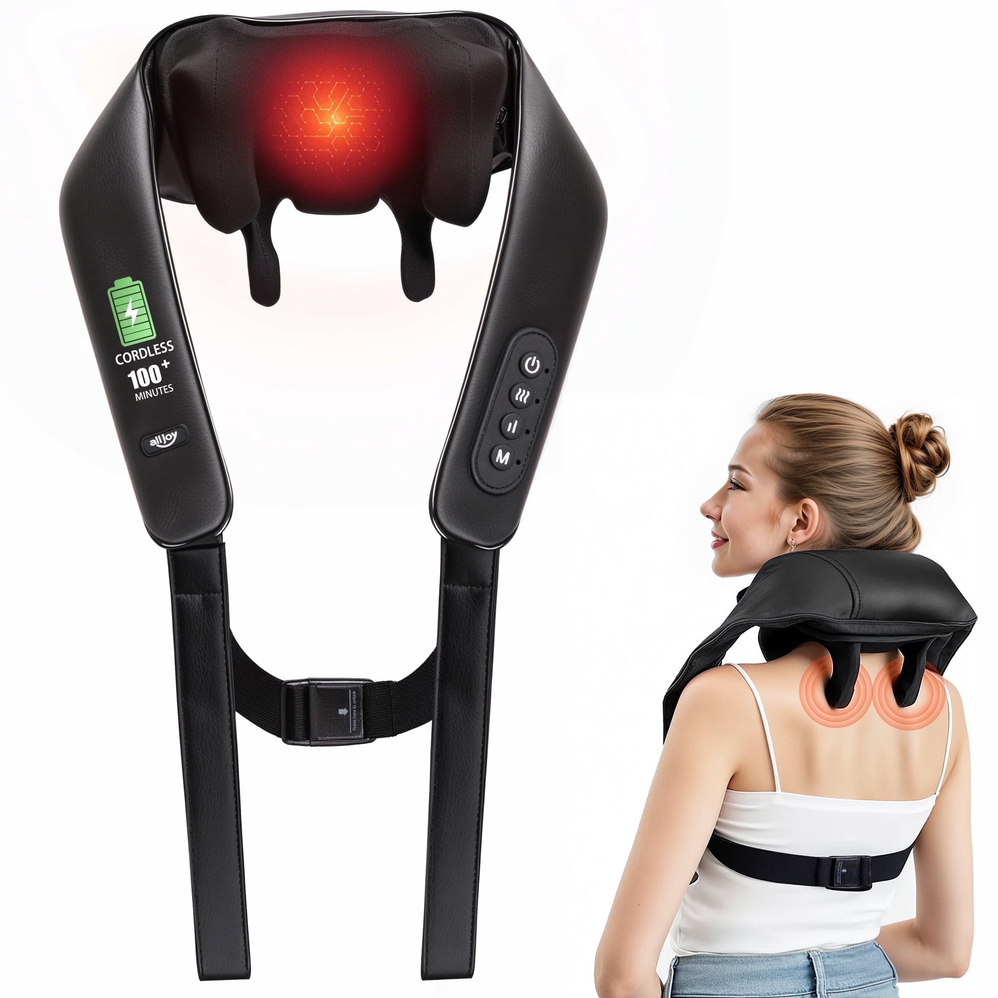 ALLJOY Shiatsu Neck and Shoulder Massager with Heat, Cordless 6D Deep Tissue Kneading Massager for Neck, Back, and Legs - Black