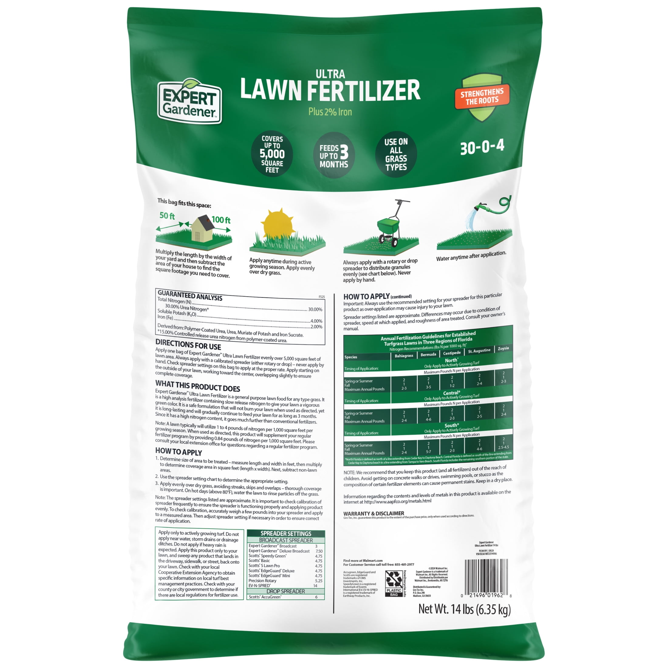Expert Gardener Ultra Lawn Food Plus 2% Iron, 30-0-4 Fertilizer, 14 lb. - Covers 5,000 Sq. ft