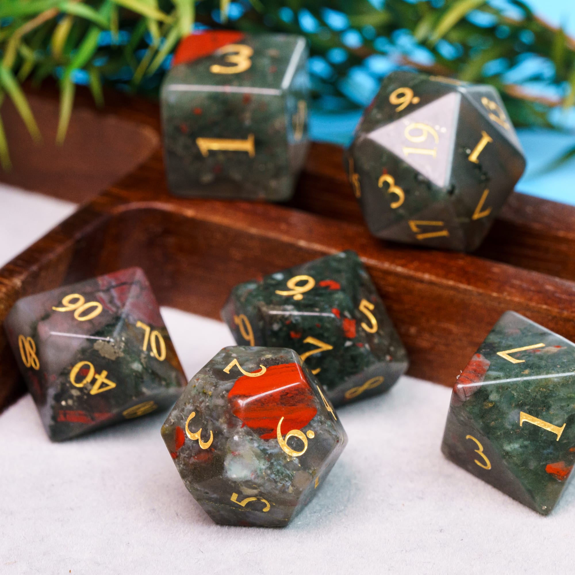 Cusdie Set of 7 Handmade Stone Dice, 16mm Polyhedral Stone Dice Set with Leather Box, DND Dices for Collection